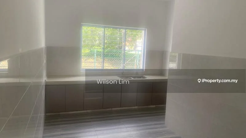 Kitchen features: white walls, grey cabinetry, single-bowl stainless-steel sink, chrome pull-down faucet, countertop with light colour, tile flooring, window with grid pattern, natural light from window; style: modern; view: garden.