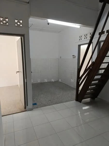 Room features: white painted walls, grey tiled flooring, staircase with wooden railing, light fixture on ceiling, doorway leading to another room, wall tiles in light color, floor tiles in white, open space layout; style: modern.