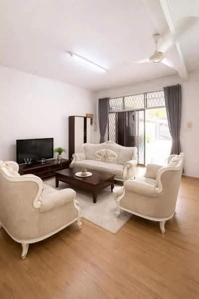 Living features: cream upholstered sofa set, wooden coffee table, TV console, wall-mounted TV, area rug, ceiling fan, curtains, sliding glass door, wooden flooring, decorative plant; style: modern; view: garden.