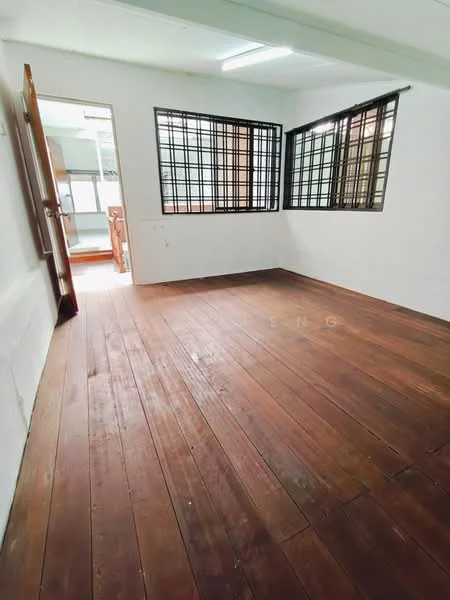 Room features: wooden flooring, white painted walls, two large windows with black metal grills, flush ceiling light, door leading to another room; style: minimalist.