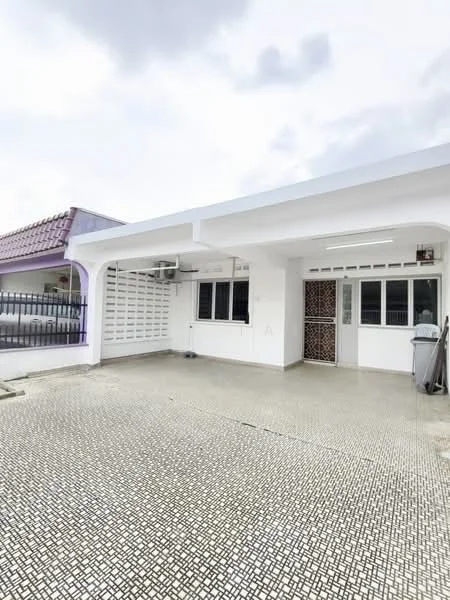 Exterior type: detached bungalow; features: white painted facade, flat roof, single-storey, paved driveway, manicured lawn, security grille at entrance, air conditioning unit visible, windows with grilles, outdoor lighting, covered car porch; style: modern.