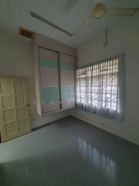 Bedroom features: light grey tiled flooring, white painted walls, built-in wardrobe with sliding doors, ceiling fan, curtains on window, window with natural light, no visible furniture, corner room.