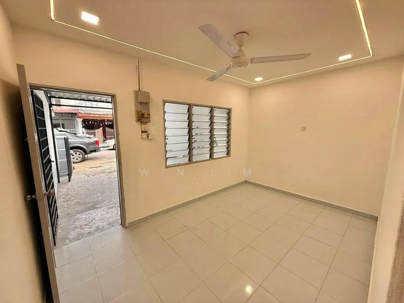 Room features: white painted walls, glossy white floor tiles, ceiling with recessed lighting, 5-blade ceiling fan, sliding windows with horizontal bars, single door entrance, electrical outlet on wall, light switch on wall; style: modern; view: street.