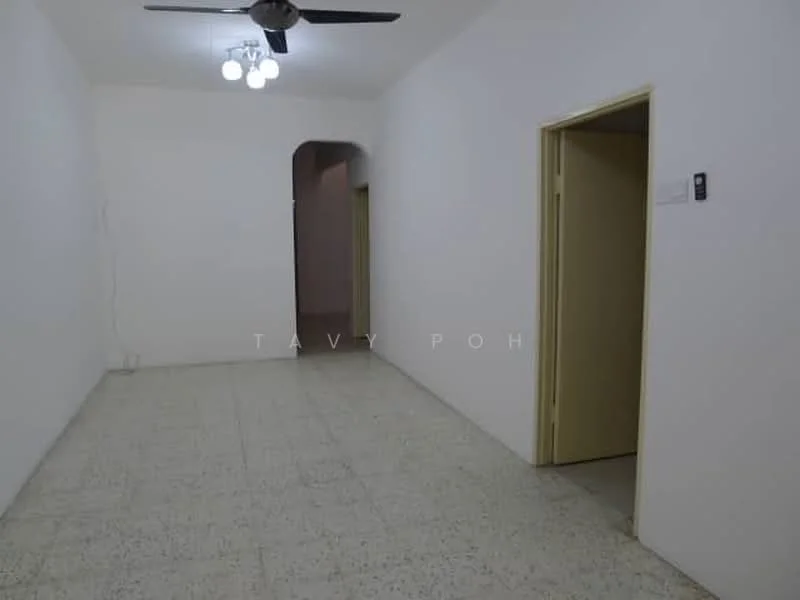 Room features: white painted walls, speckled tile flooring, ceiling fan, 3-bulb pendant light, arched doorway, doorway leading to adjacent room, doorway leading to hallway; style: minimalist.