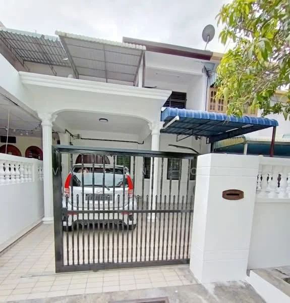 Exterior type: linked terrace house; features: white painted facade, covered car porch with awning, black metal gate, paved driveway, manicured landscaping, balcony on upper floor, satellite dish on roof, awning over windows; style: modern.