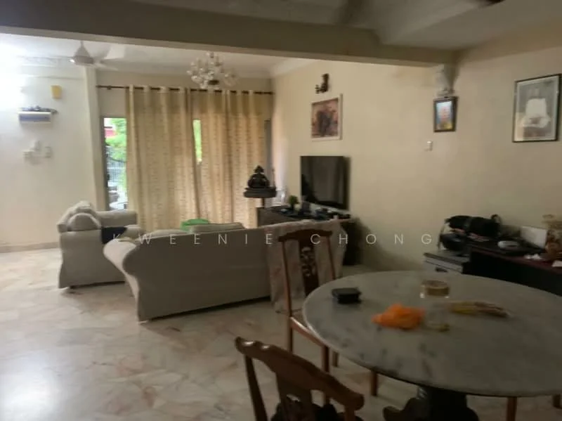 Living features: cream painted walls, marble flooring, ceiling fan, sofa in light color, coffee table, TV console, wall-mounted TV, curtains, decorative artwork, area rug; style: traditional. Dining features: round dining table, wooden dining chairs, decorative items on table; style: traditional.