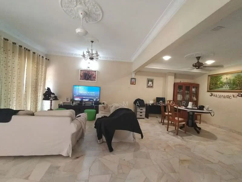 Living features: marble flooring, white painted walls, chandelier, ceiling rose, 5-blade ceiling fan, floor-to-ceiling windows with sheer curtains, wall-mounted TV, 2-seater fabric sofa in white, 3-seater fabric sofa in beige, coffee table, dining table with chairs, display cabinet, decorative artwork on wall; style: traditional.