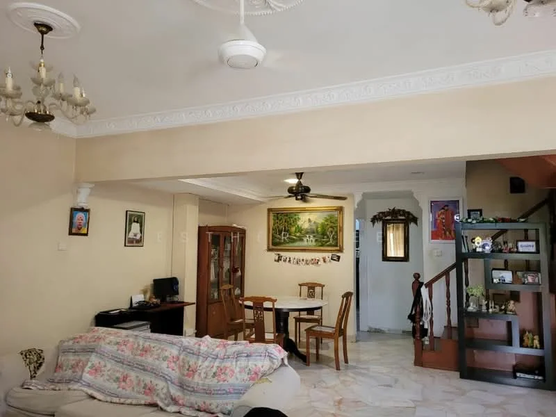 Living features: cream painted walls, marble flooring, 5-blade ceiling fan with light, chandelier, sofa with patterned throw blanket, wooden dining table with chairs, wooden display cabinet, decorative wall art, staircase with wooden railing, built-in shelving unit, computer desk; style: traditional.