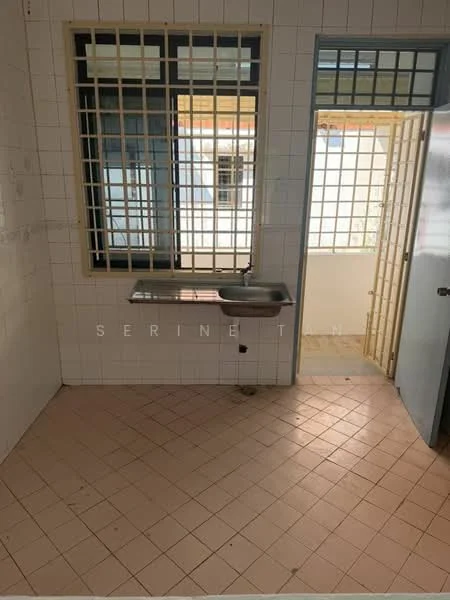 Room features: white tiled walls, pink ceramic tile flooring, single-bowl stainless-steel sink, window with metal grille, door leading to outdoor area.