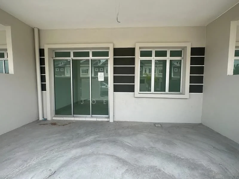 Exterior features: glass sliding doors, white painted facade, grey accent wall, two large windows, concrete flooring, minimalist design, no visible landscaping; style: modern.