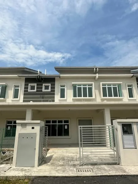 Exterior type: linked terrace house; features: white painted facade, grey accent wall, flat roof, two-storey, front porch area, metal gate, multiple windows, concrete driveway, manicured lawn, surrounded by greenery; style: modern.