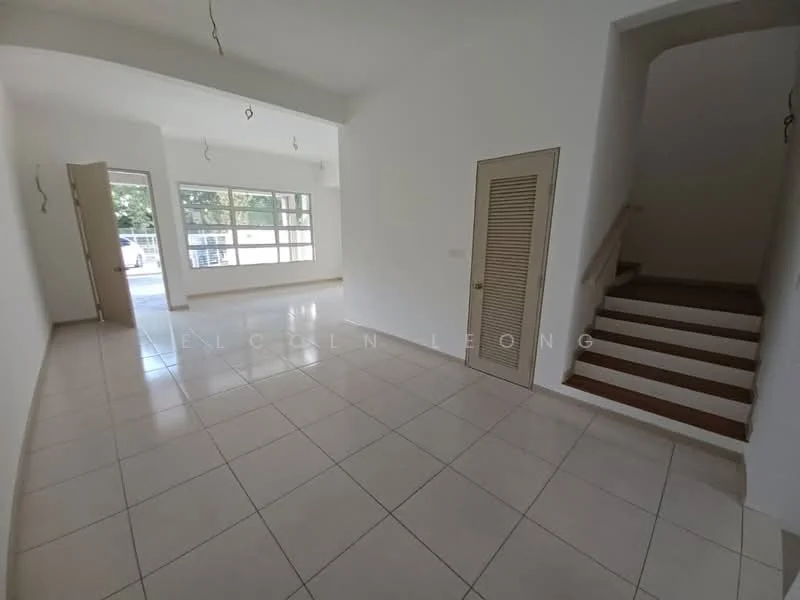 Room features: white painted walls, tile flooring, large windows, staircase, wooden handrail, multiple ceiling lights, door to exterior, built-in closet; style: modern; view: garden.