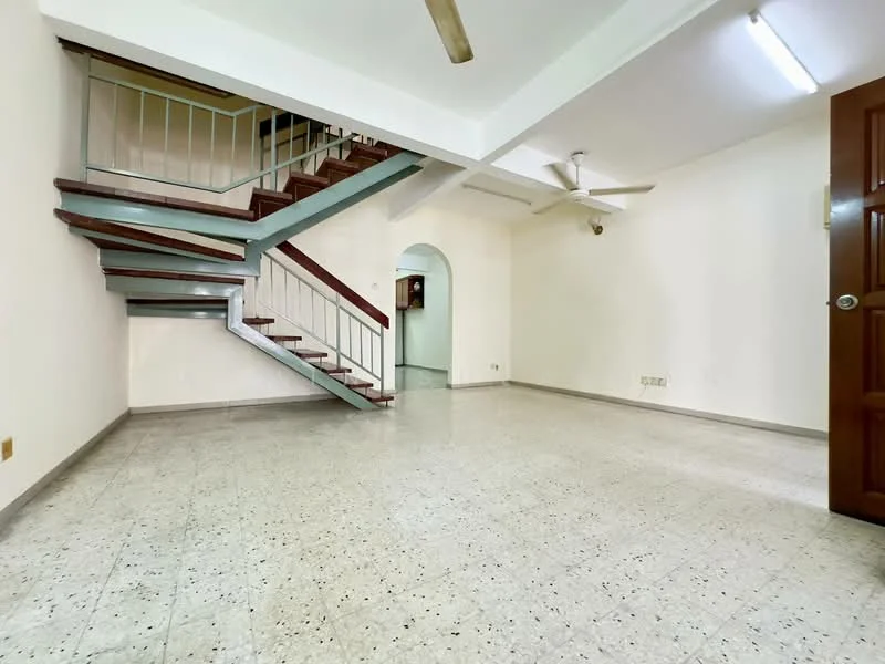 Living features: polished concrete flooring, white painted walls, ceiling fan, staircase with wooden steps, arched doorway, natural light from windows, neutral color scheme, open layout; style: modern.