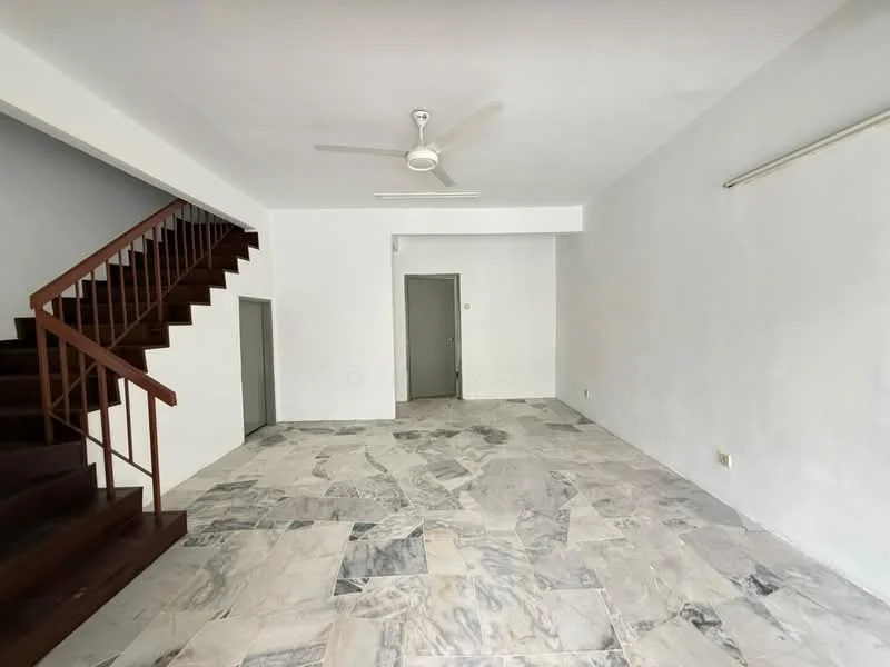 Living features: marble flooring, white painted walls, ceiling fan, staircase with wooden steps, doorway to adjacent room, large open space, natural light from windows, no visible furniture; style: minimalist.