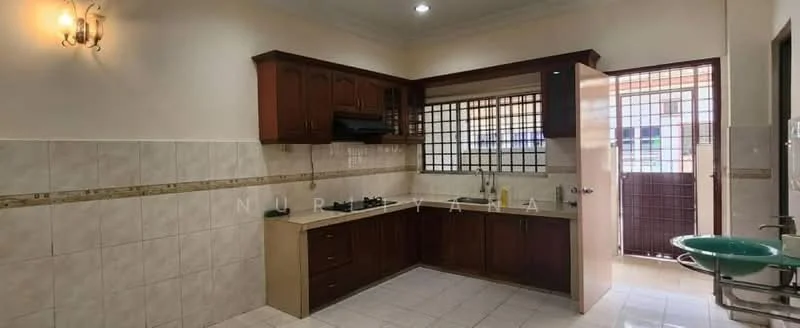 Kitchen features: brown wooden cabinetry, white tiled backsplash, granite countertop, stainless-steel sink, chrome pull-down faucet, built-in gas hob, exhaust hood, wall-mounted storage shelves, tile flooring, window with metal grille, door leading outside, light fixture on wall; style: modern.