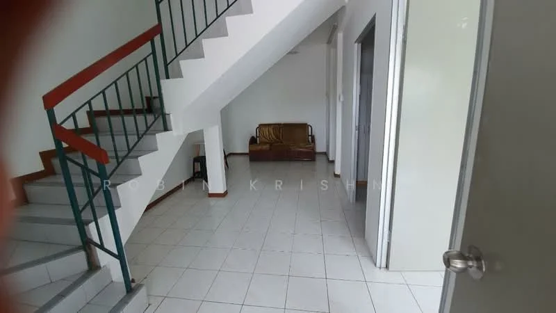 Room features: white painted walls, ceramic tile flooring, staircase with metal railing, brown leather sofa, doorway leading to another room, window with natural light, light fixture on ceiling; style: modern.