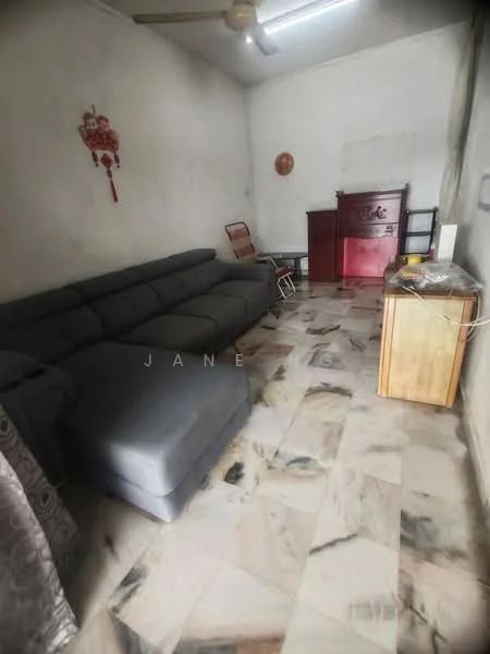 Living features: grey fabric sectional sofa, marble tile flooring, white painted walls, ceiling fan, wooden cabinet, wooden chair, decorative wall art, small side table.