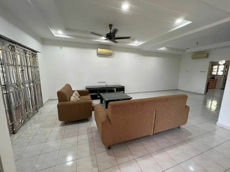 Living features: 3-seater fabric sofa in brown, 2-seater fabric sofa in beige, glass coffee table, white painted walls, recessed downlights, ceiling fan, tile flooring, 2 wall-mounted split ACs, large window with no visible treatment, decorative wall paneling; style: modern.