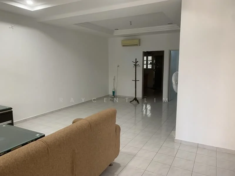 Living features: cream painted walls, white tiled flooring, tray ceiling with recessed lighting, 1 wall-mounted split AC, sofa in beige fabric, glass coffee table, coat rack, floor-to-ceiling windows, natural light from windows; style: modern.