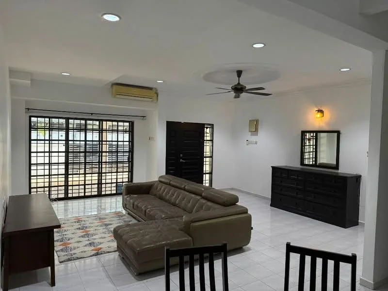 Living features: 3-seater leather sofa in beige, coffee table, TV console, wall-mounted TV, area rug with geometric pattern, ceiling fan with light, recessed downlights, white painted walls, white tiled flooring, black security grille windows, black front door, wooden side table, decorative wall sconce; style: modern.