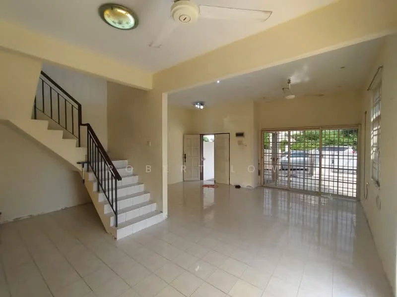 Living features: white painted walls, ceramic tile flooring, ceiling fan, recessed downlights, large sliding glass door, window with security bars, staircase with metal railing, open layout, natural light from windows, neutral color scheme; style: modern; view: garden.