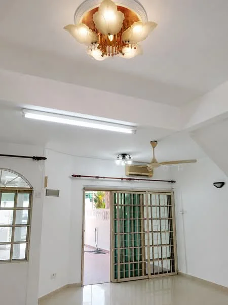 Room features: white painted walls, polished tile flooring, tray ceiling with decorative light fixture, ceiling fan, wall-mounted light fixture, sliding glass door, window with green view, air conditioning unit; style: modern; view: garden.