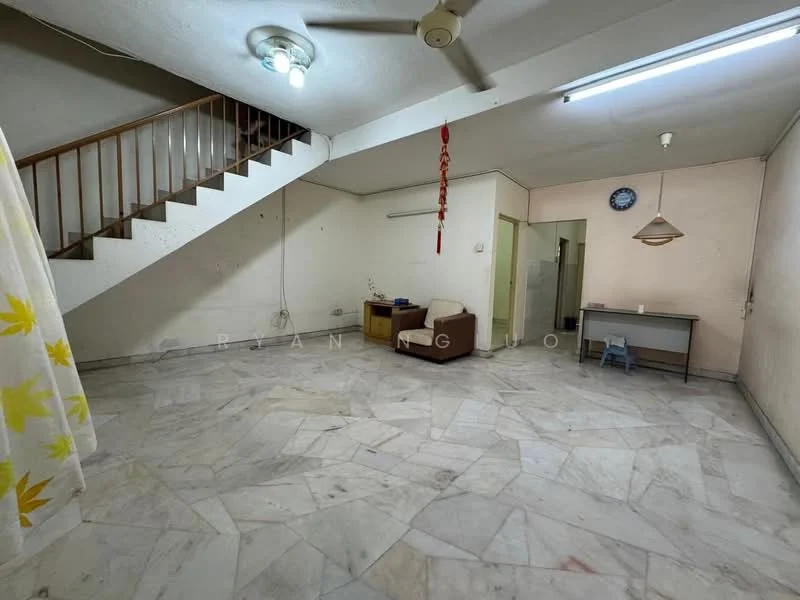 Living features: marble flooring, white painted walls, ceiling fan, recessed downlights, staircase with wooden railing, window with sheer curtains, light fixture, wall clock, table, chair.