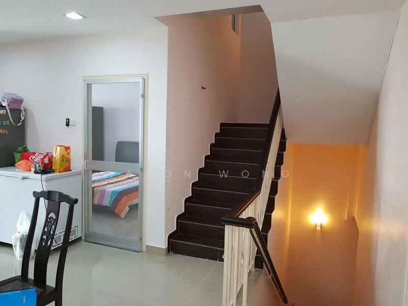 Room features: staircase with wooden railing, tiled flooring, white painted walls, recessed ceiling lights, glass door, laundry area with washing machine, colorful striped blanket on bed, open space layout; style: modern.