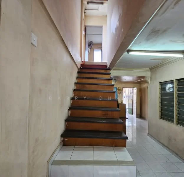 Room features: wooden staircase, white painted walls, tile flooring, ceiling lights, window with grille, open hallway, natural light from upper level, handrail on staircase.
