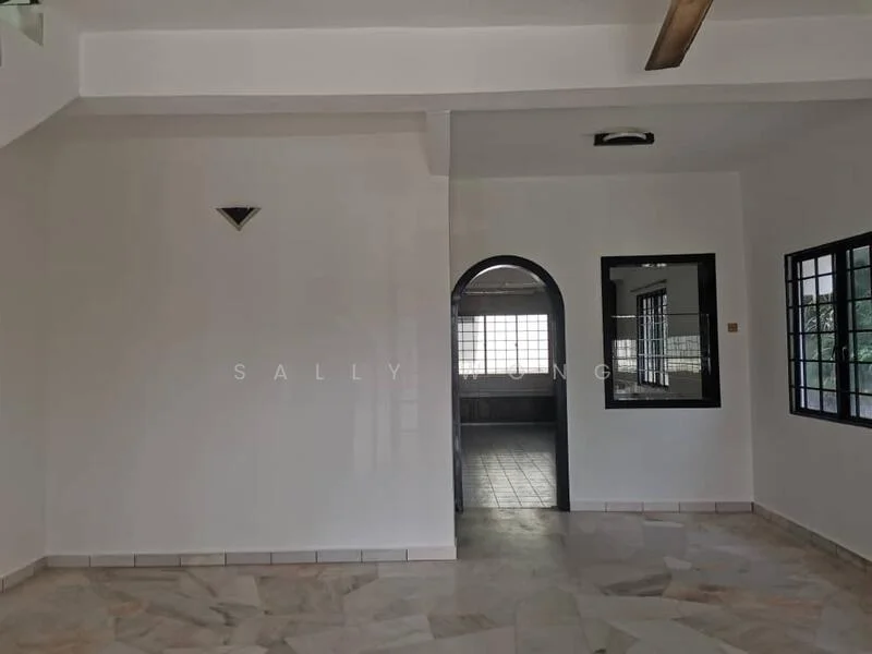 Room features: white painted walls, marble flooring, large windows, arched doorway, ceiling fan, light fixture, tile flooring in background, open layout; style: modern.