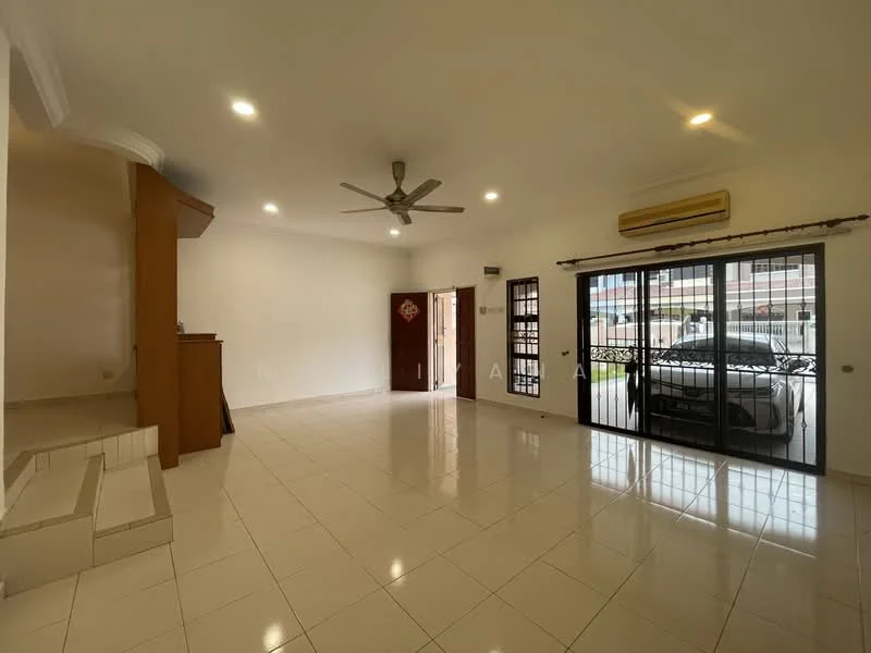 Living features: white painted walls, glossy ceramic tile flooring, 5-blade ceiling fan with light, recessed downlights, large sliding glass door, window with grill, air conditioning unit, staircase leading to another level, wooden door, decorative wall paneling; style: modern.