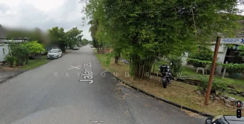 Exterior features: paved road, street sign, residential houses, parked cars, bamboo trees, sidewalk, curb, greenery.
