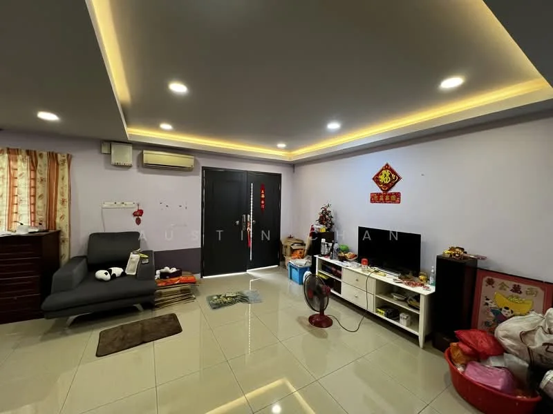 Living features: grey tiled flooring, purple painted walls, recessed LED downlights, air conditioning unit, wall-mounted TV, white TV console, black front door, decorative wall art, window with sheer curtains, fan, seating area with cushions, storage cabinet, decorative items, area rug; style: modern.