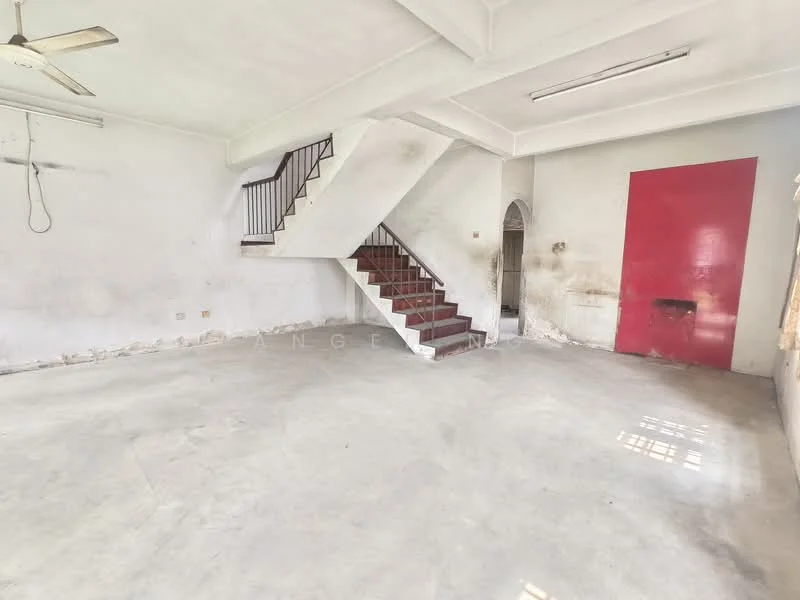 Room features: plain white walls, concrete flooring, exposed ceiling, staircase with wooden steps, arched doorway, red accent wall, two ceiling lights, large window for natural light; style: minimalist.