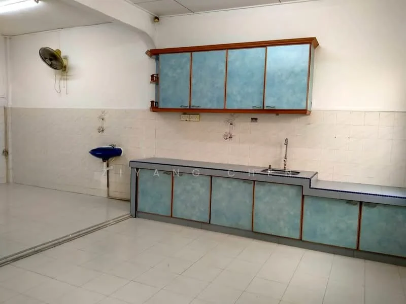 Kitchen features: blue laminate cabinetry, white tiled backsplash, single-bowl stainless-steel sink, chrome faucet, white tiled walls, white tiled flooring, ceiling fan, countertop with blue edge.