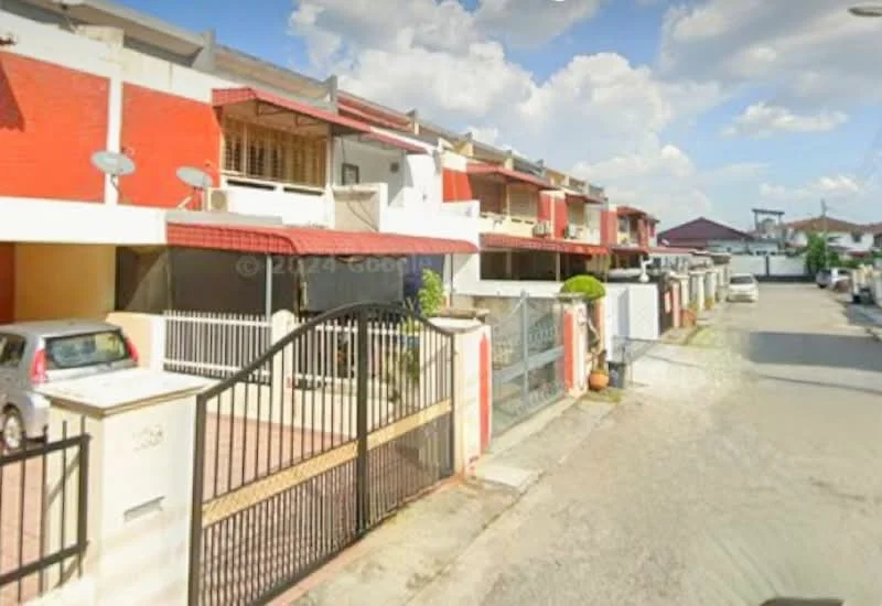 Exterior type: linked terrace house; features: red brick facade, white painted facade, projecting balconies, gated entry, manicured lawn, driveway with interlocking pavers, surrounded by mature greenery; style: modern.