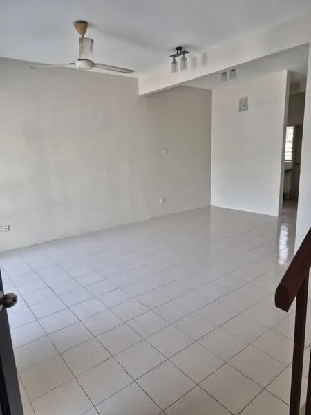 Living features: white painted walls, glossy ceramic tile flooring, 5-blade ceiling fan, recessed downlights, large windows, open layout, neutral color scheme, no visible furniture; style: modern.