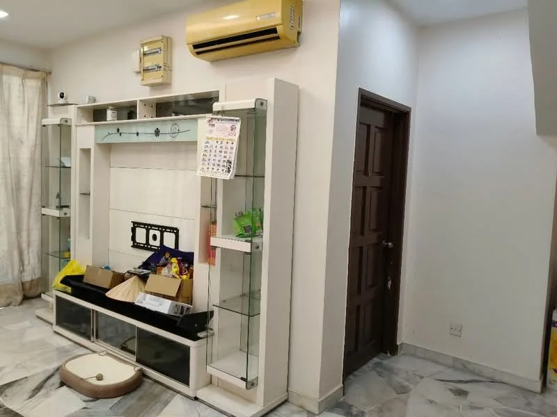 Living features: marble flooring, white painted walls, built-in entertainment unit with glass shelves, black TV console, air conditioning unit on wall, curtains, doorway to adjacent room, decorative wall panel; style: modern.