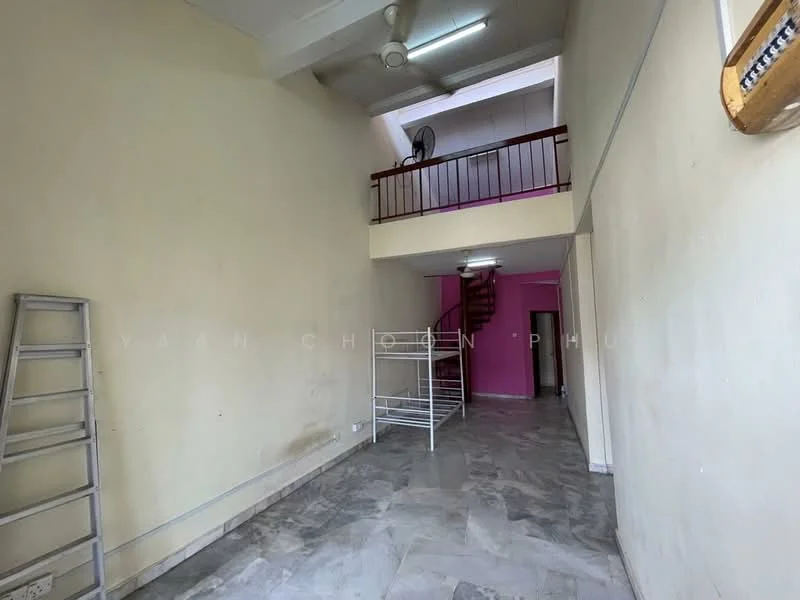 Room features: white painted walls, grey marble flooring, ceiling fan, staircase, open space, high ceiling, natural light from upper level, metal railing; style: minimalist.