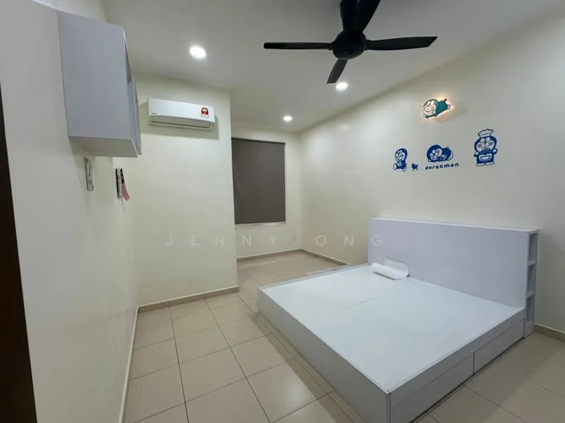 Bedroom features: white painted walls, tile flooring, 5-blade ceiling fan, wall-mounted split AC, window with roller blinds, built-in wardrobe, decorative wall decals, minimalist bed frame; style: modern.