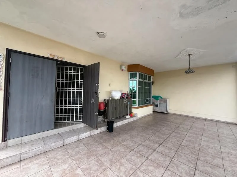 Room features: tiled flooring, cream painted walls, double doors, security grille, ceiling light fixture, large window, corner unit with outdoor access, open space layout; style: modern.