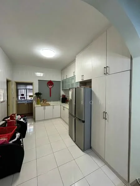 Kitchen features: white cabinets, stainless-steel refrigerator, white tiled backsplash, white ceramic tile flooring, recessed ceiling lights, double-bowl stainless-steel sink, chrome pull-down faucet, countertop with storage below, open shelving, window above sink, kitchen appliances visible; style: modern.