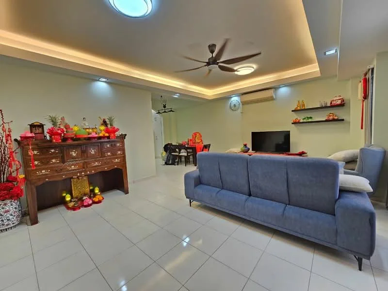 Living features: 3-seater fabric sofa in blue, coffee table, wall-mounted TV, TV console, recessed downlights, ceiling fan, white painted walls, glossy white tile flooring, decorative wall shelf, decorative items on shelf, red and gold decorations, area rug; style: modern. Dining features: 4-seater dining table, dining chairs, decorative items on table; style: modern.