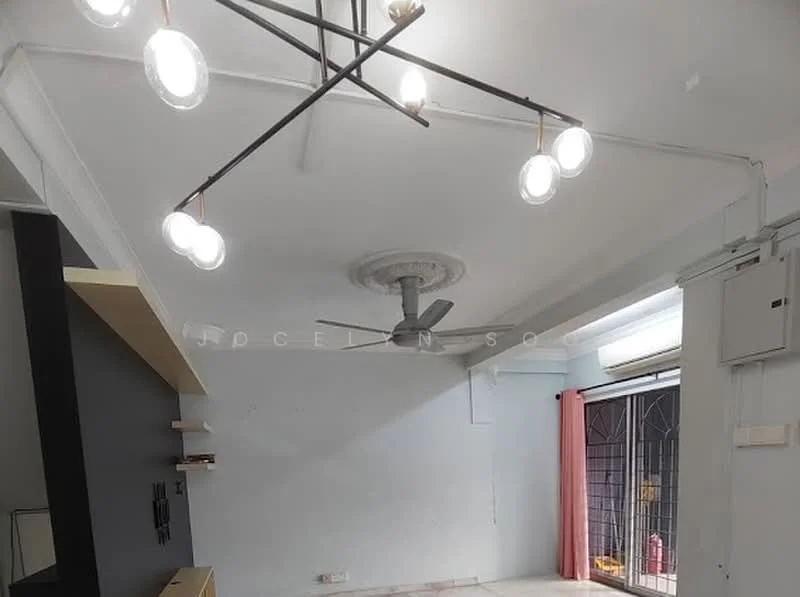 Living features: white painted walls, polished concrete flooring, 5-blade ceiling fan with integrated LED light, recessed downlights, ceiling rose, wall-mounted TV, TV console, curtains in pink, large window with security grille, open layout; style: modern.