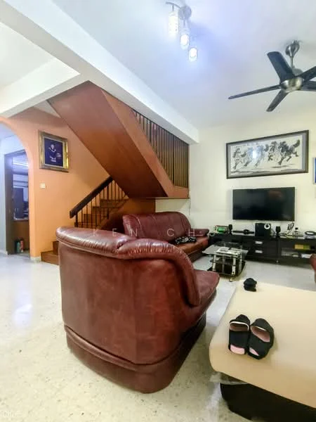 Living features: 3-seater leather sofa in burgundy, coffee table, TV console, wall-mounted TV, ceiling fan, recessed downlights, staircase with wooden railing, decorative artwork on wall, tile flooring, cream painted walls, area rug, sliding door to adjacent room; style: traditional.