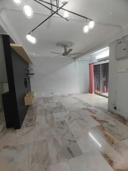 Living features: marble flooring, white painted walls, exposed ceiling with pendant lighting, 5-blade ceiling fan, black feature wall with TV mount, sliding glass door, curtains in pink, open layout; style: modern.