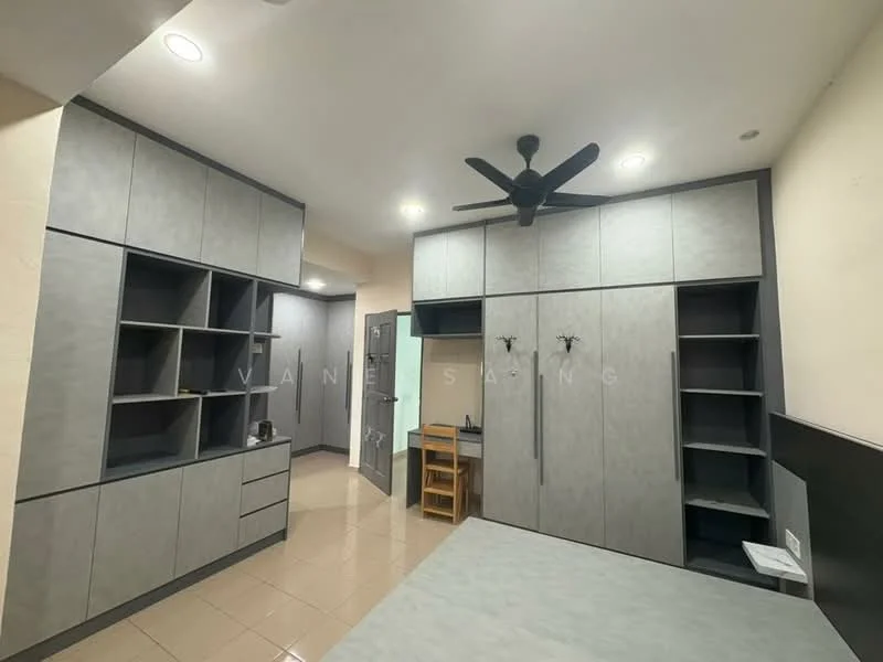 Room features: grey cabinetry, built-in shelves, ceiling fan, recessed lighting, tiled flooring, countertop, kitchenette area, open shelving, wooden storage unit, wall-mounted hooks; style: modern.