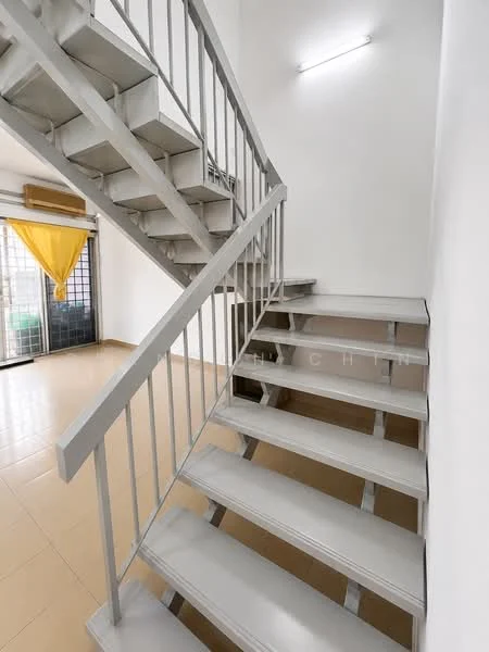 Room features: metal staircase with grey finish, white painted walls, tile flooring in beige, handrail on staircase, window with yellow curtain, light fixture on wall; style: modern.