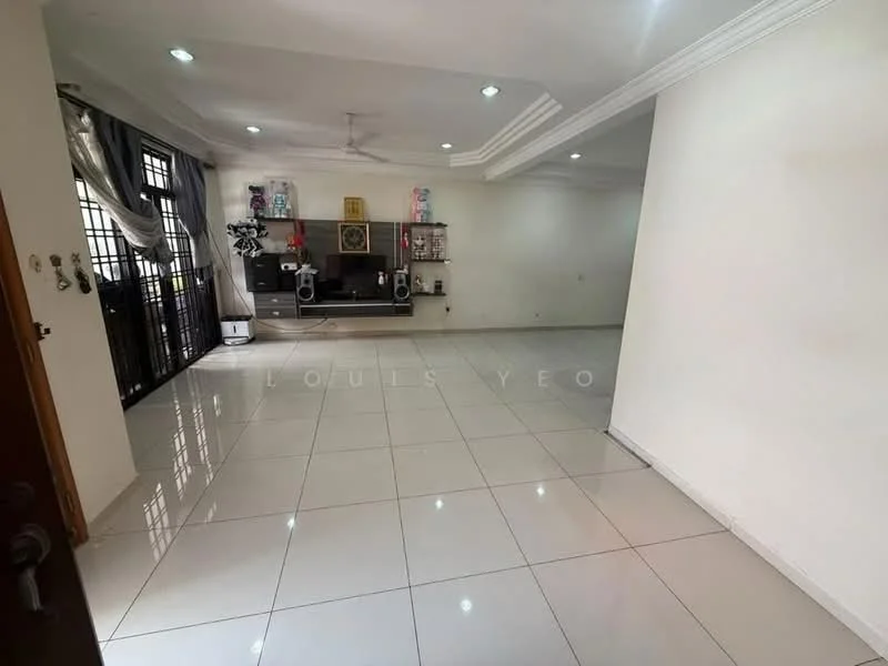 Living features: white painted walls, glossy white tile flooring, ceiling with recessed downlights, 5-blade ceiling fan, large windows with black grills, TV console, wall-mounted TV, decorative shelving unit, open layout, neutral color scheme; style: modern.