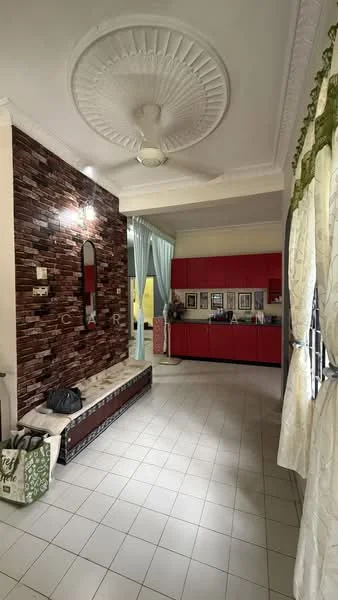 Living features: white tiled flooring, exposed brick accent wall in dark brown, ceiling rose with decorative pattern, 5-blade ceiling fan, large window with sheer curtains, built-in cabinetry in red, kitchen area visible in background, bench seating with storage underneath; style: modern.
